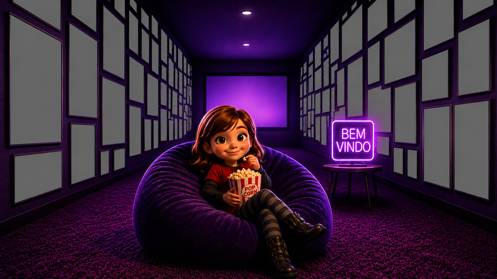 Sala de cinema em casa com poltrona, tela de projeção e quadros nas paredes